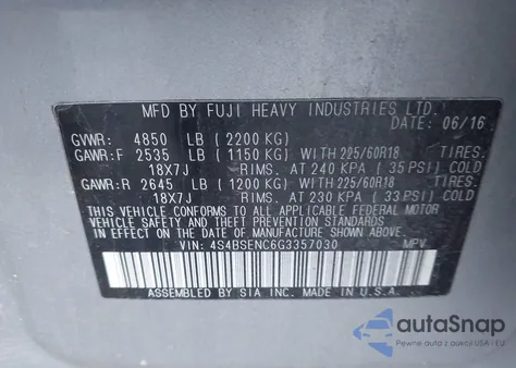 2016 Subaru Outback 3.6R Limited from USA, damaged, VIN 4S4BSENC6G3357030